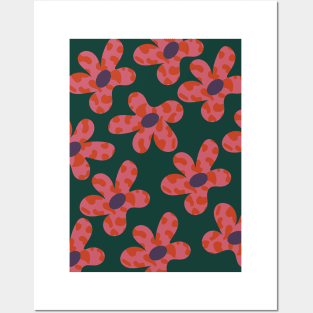 Cute Retro Daisy Floral Green Pink Pattern Posters and Art